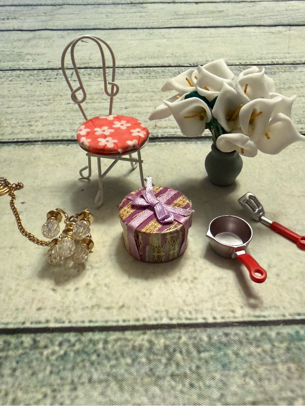 Miniature mini doll trinkets accessories. Chandler chair vase with flowers.